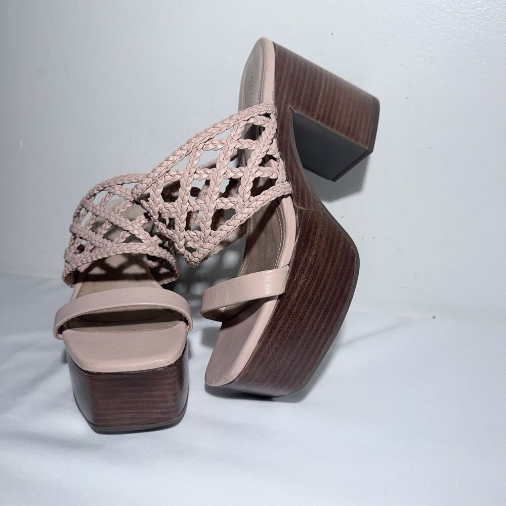 SCHUTZ Rose-Nude Platform Sandals Woven Leather High Block Heel Size 8